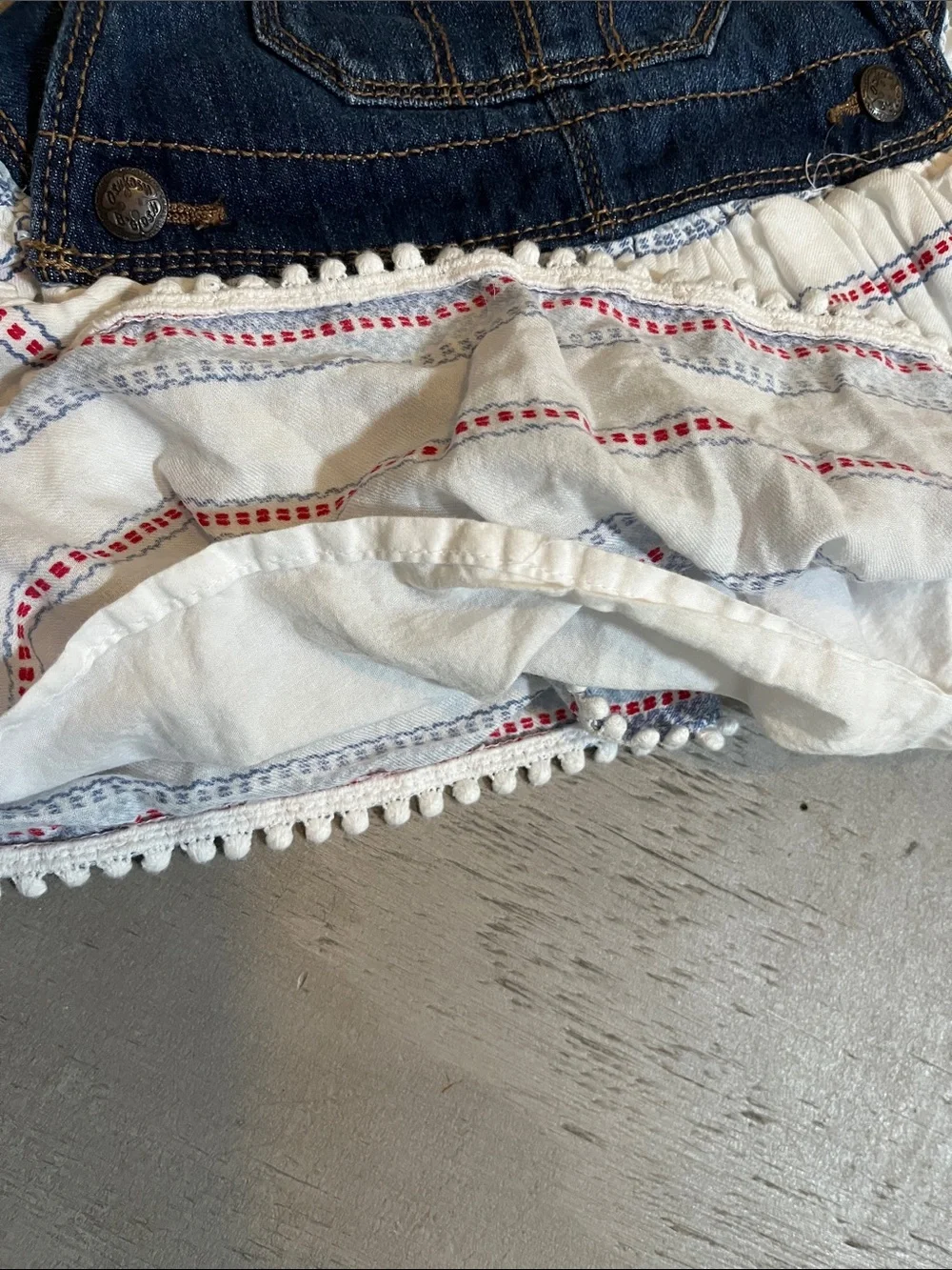 OshKosh B'gosh Denim Overall Dress - Navy, White & Red Accents 9-12M Lined